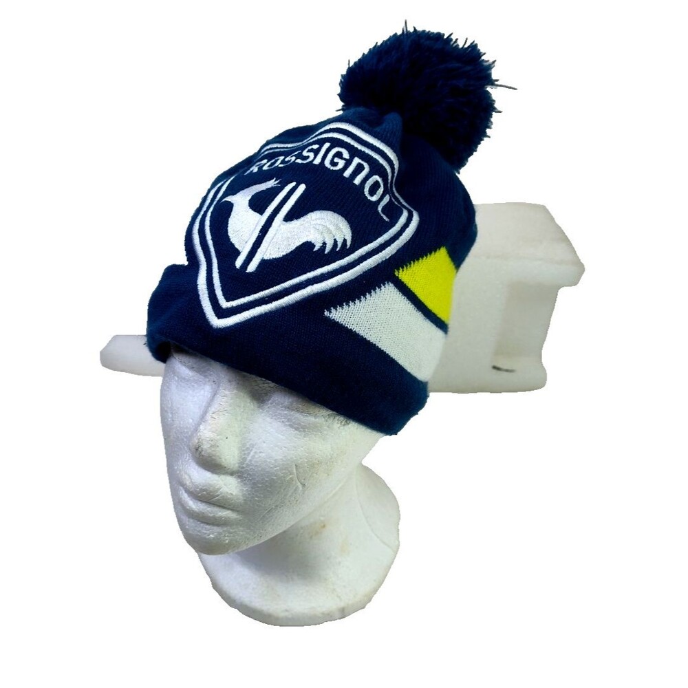 Rossignol ~ Logo Ski Hat Cap Beanie ~ Blue White Green~ Lined 22 "Inside PopPom